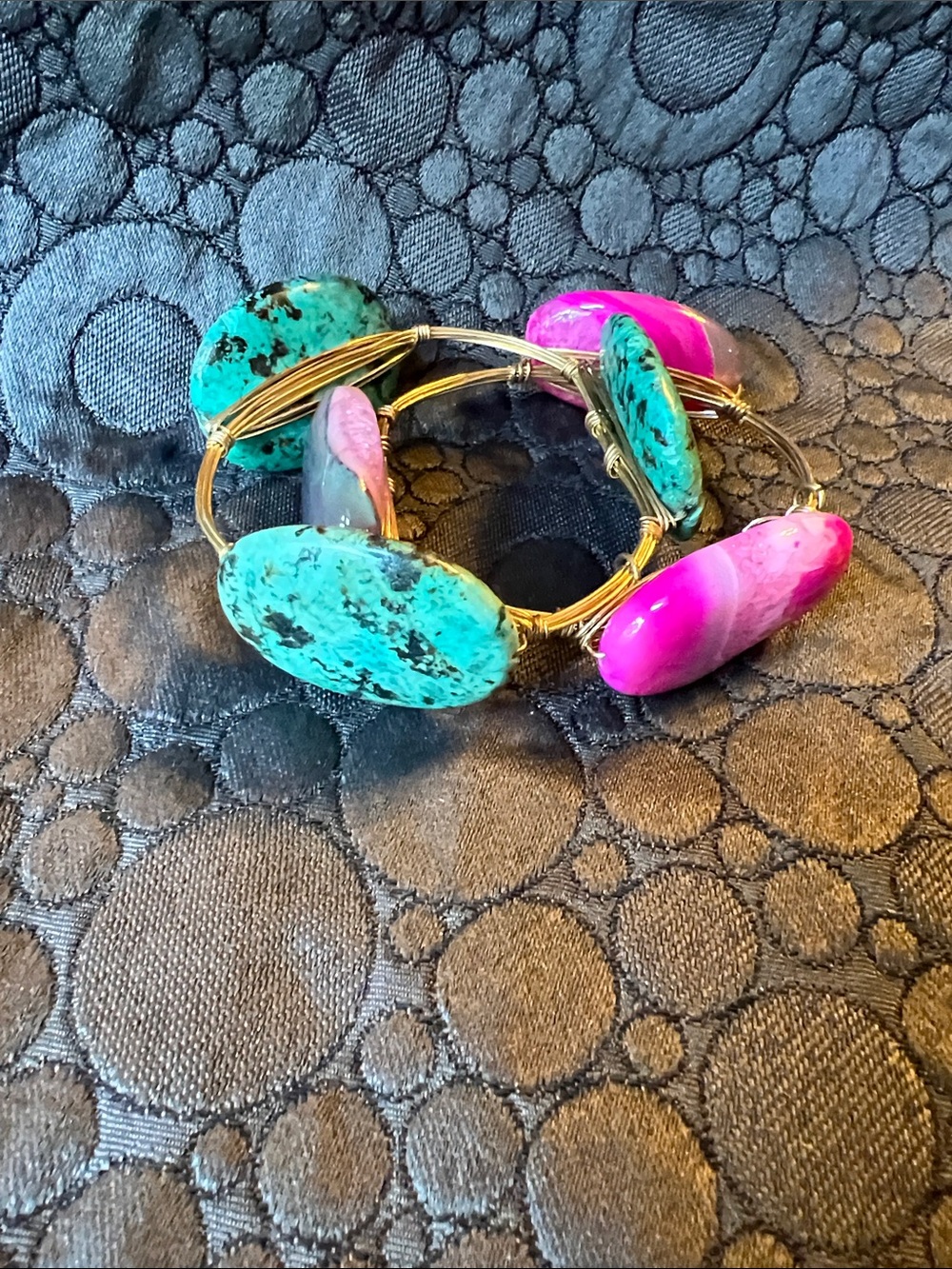 Gold Tone Bangle Bracelet Set with Turquoise and White Stone Accents